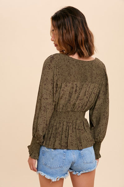 Olive Peasant Top with Ditzy Floral Print