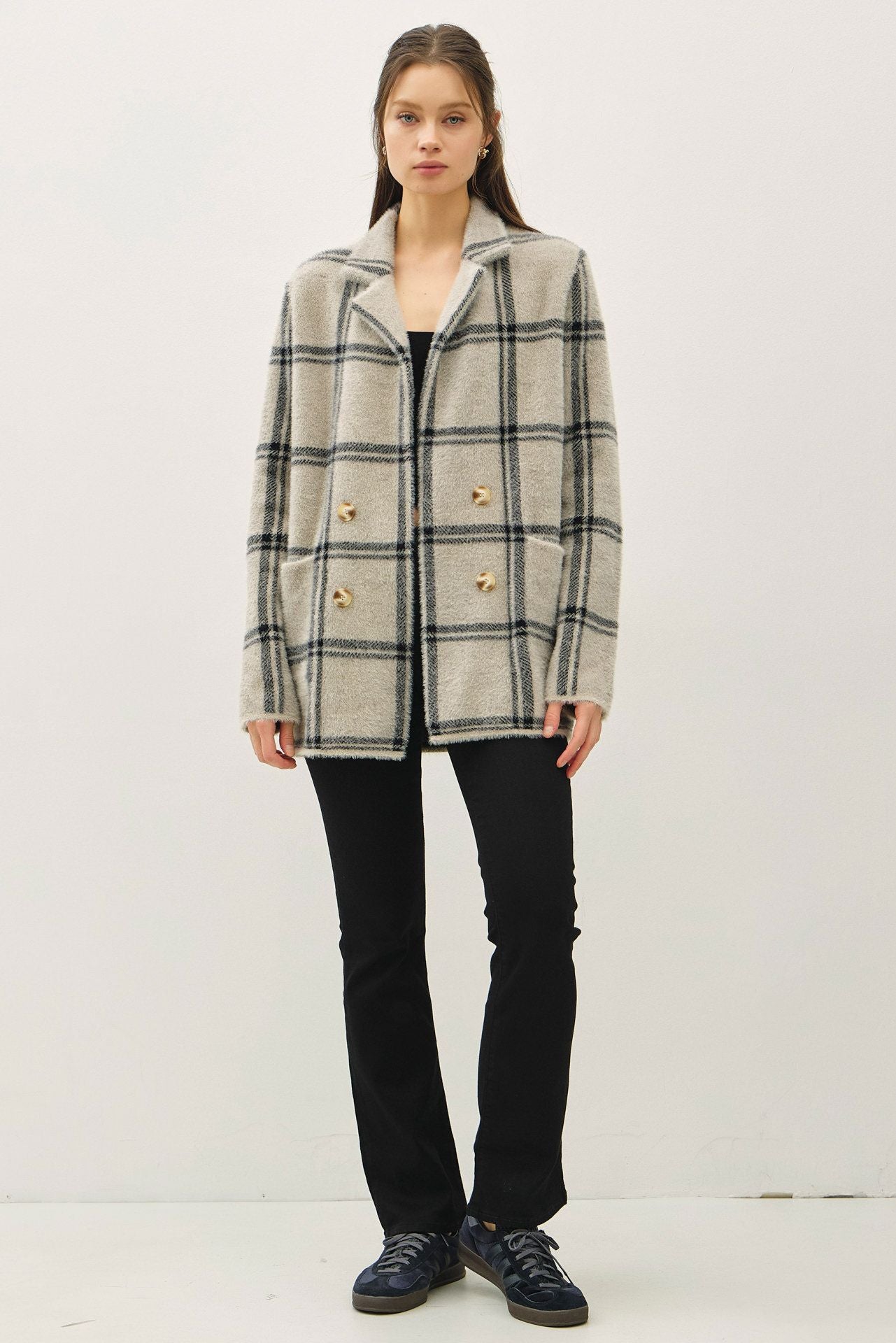 Fuzzy Soft Plaid Jacket Grey