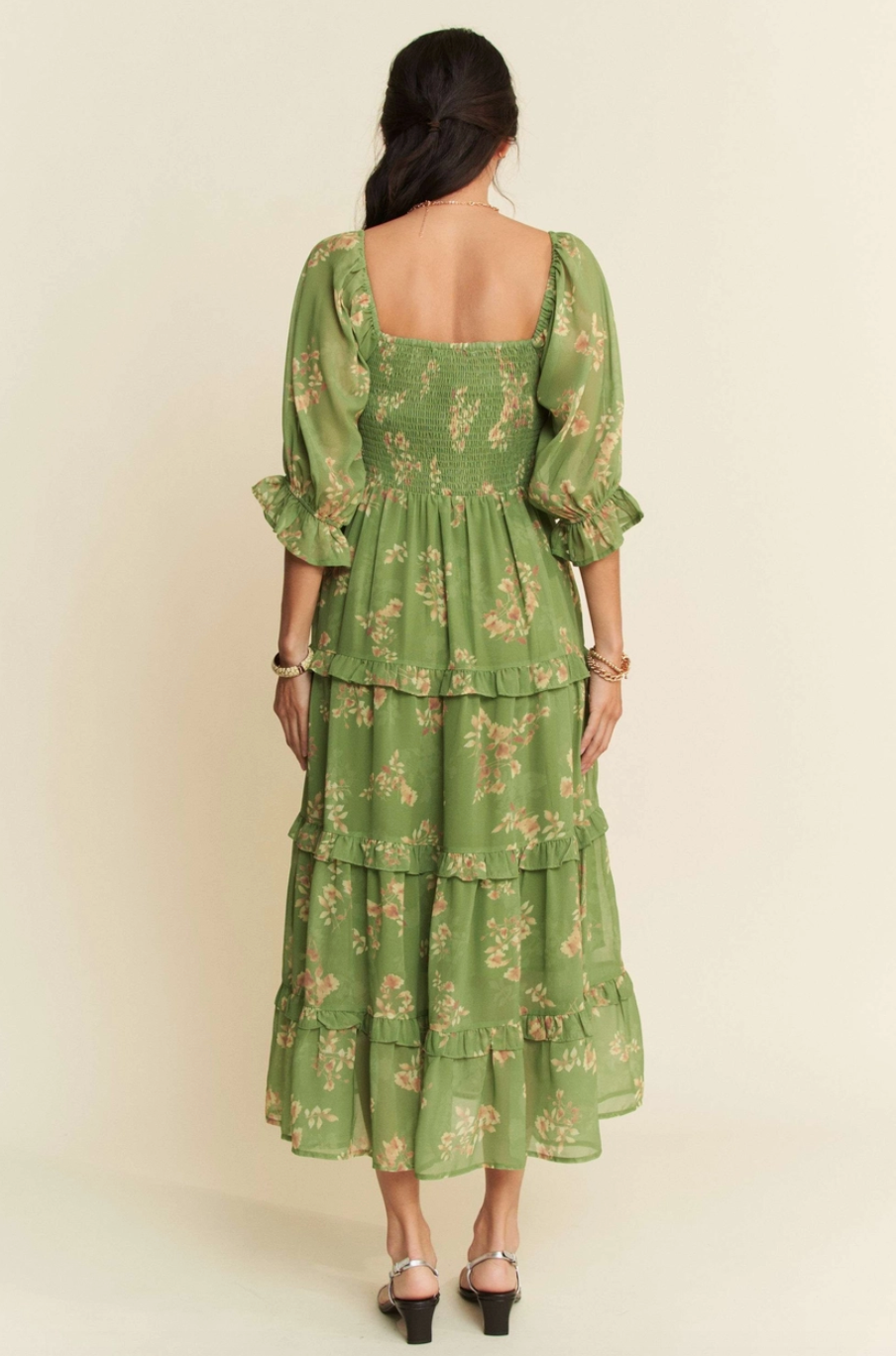 Green Floral Smocked Bodice Dress