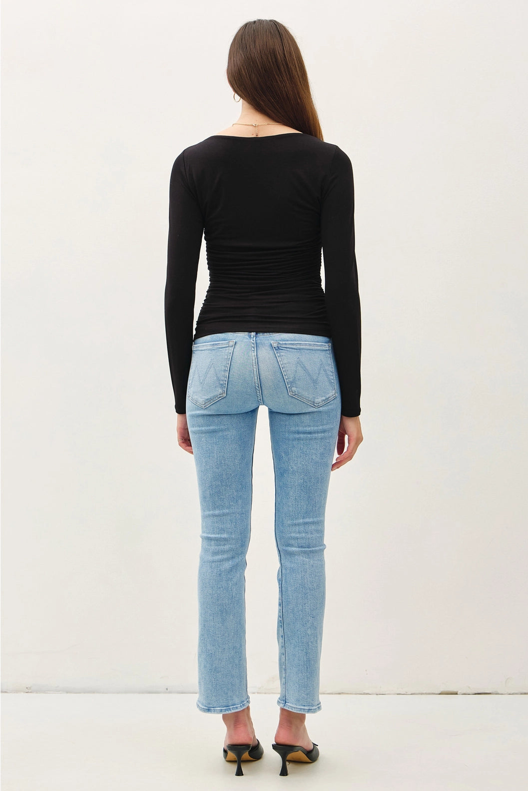 Boat Neck Shirred Waist Top Black