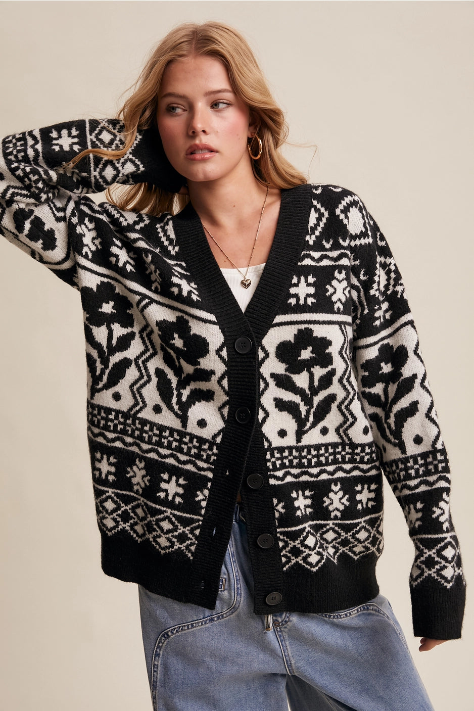 Floral Knit Cardigan Black