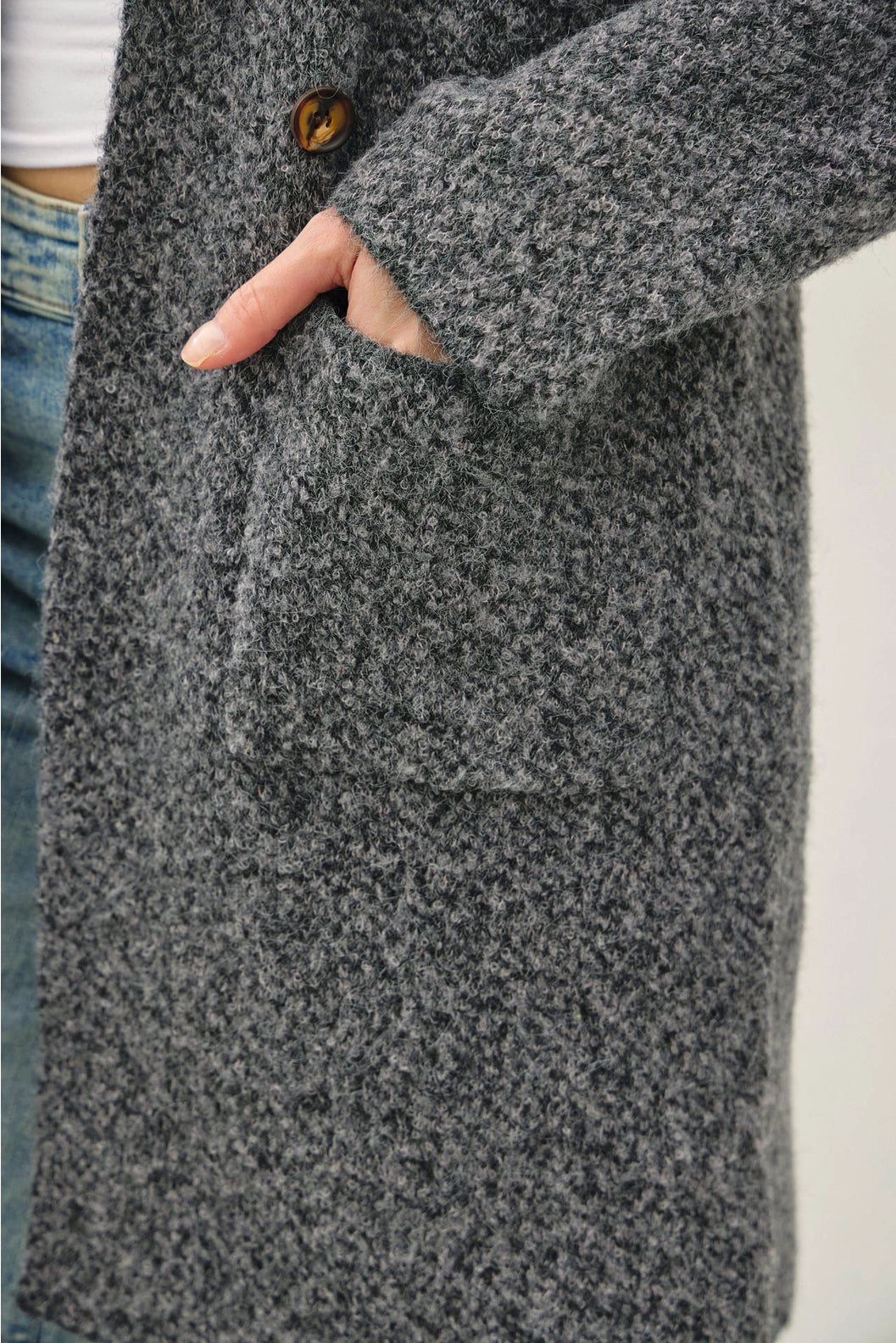 Boucle Knit Double Button Coat Grey