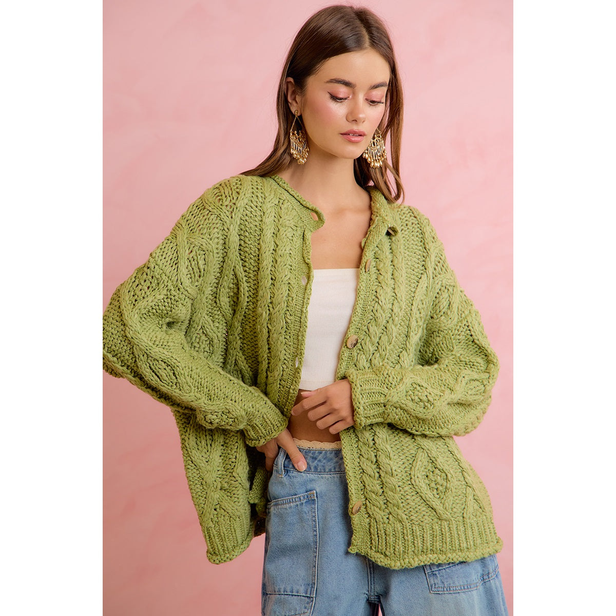 Chunky Green cable Knit Cardi