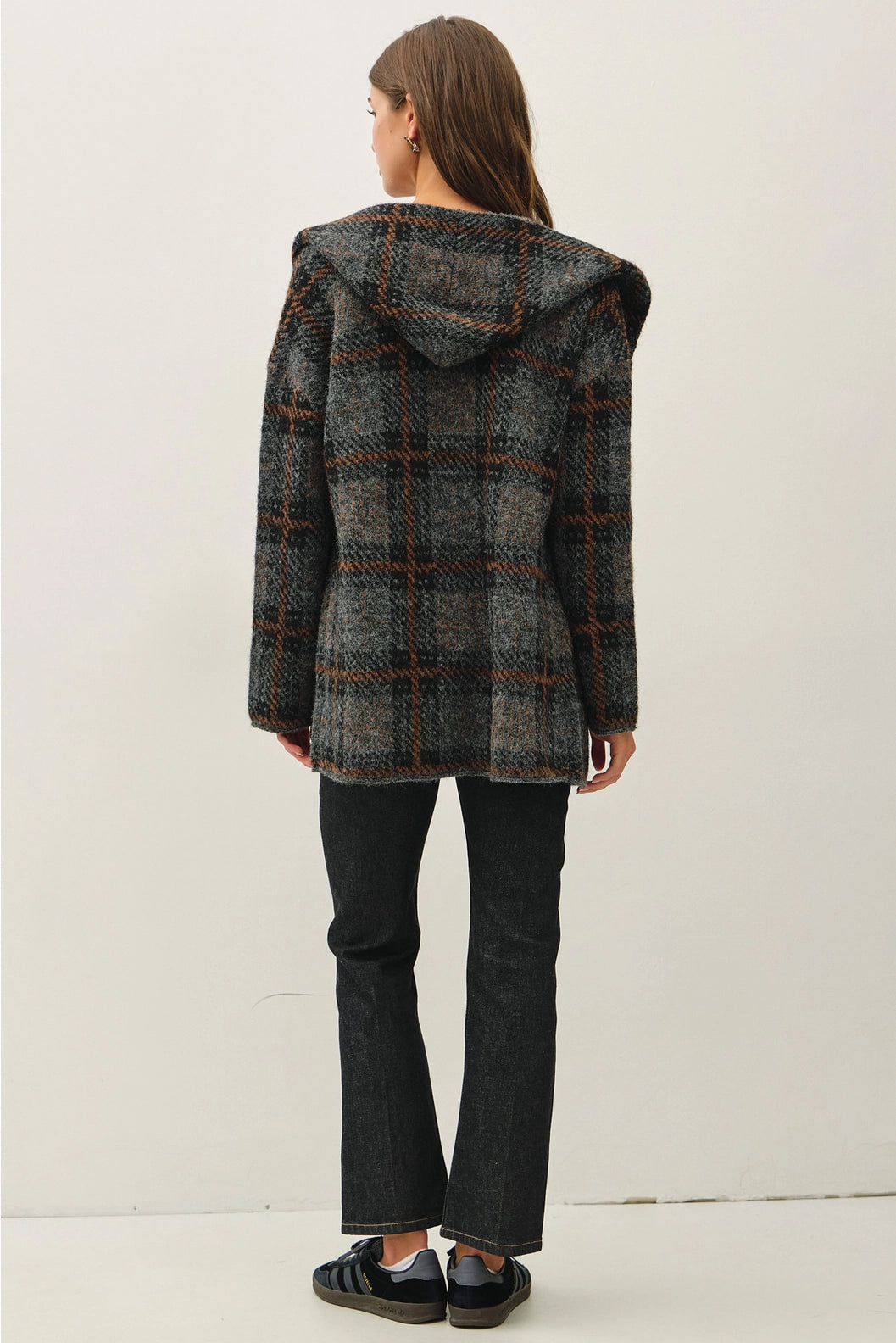 Hooded Plaid Coat Grey and Brown