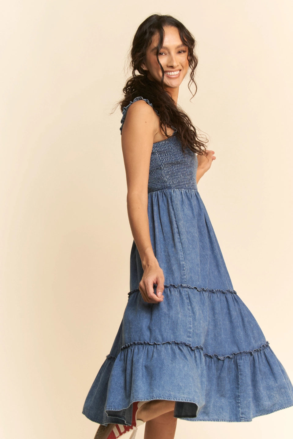 Denim Tiered Midi Dress