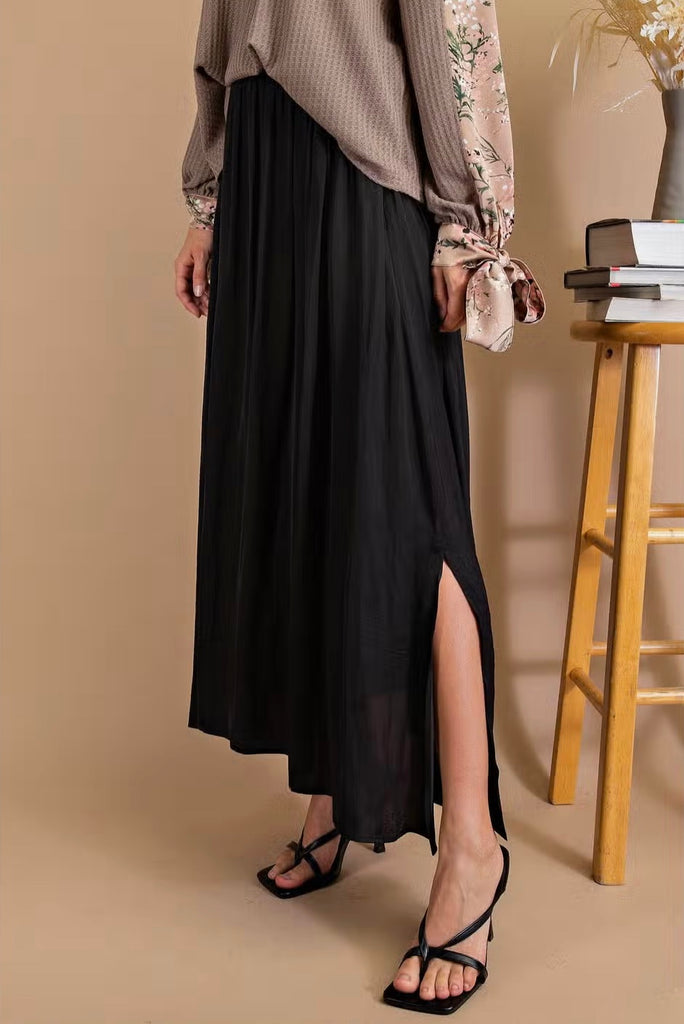 Satin Side Slit Skirt- Black