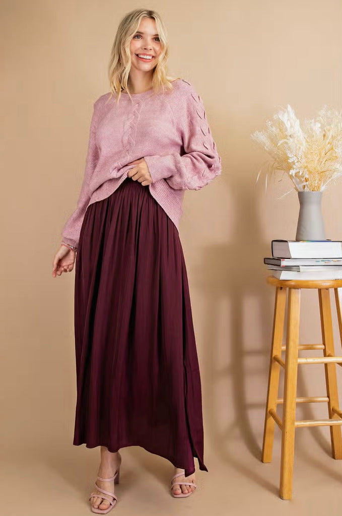 Satin Slide Slit Skirt - Burgundy