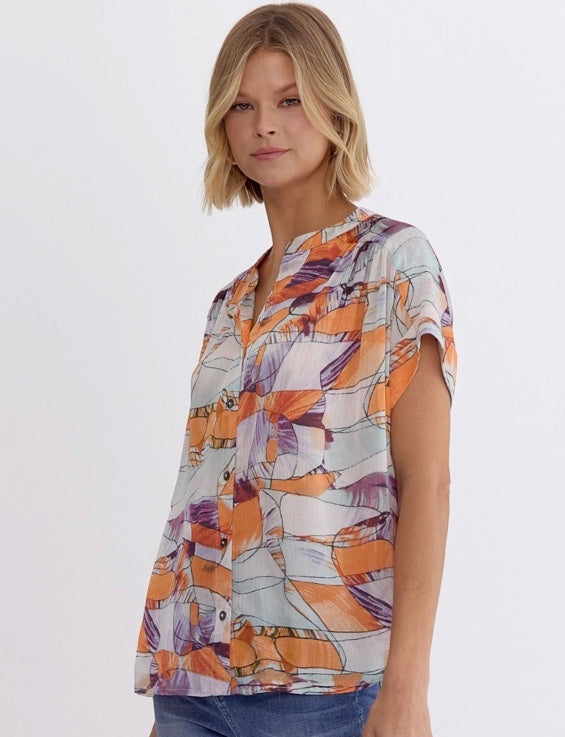 Abstract Sunset Button Down Top