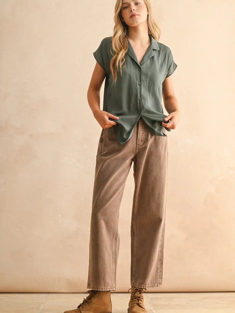 Button Down Cap Sleeve Silky Top Green