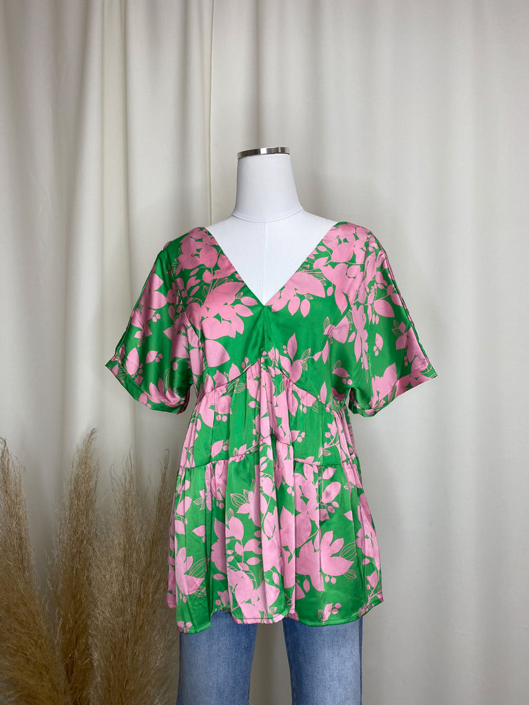 Green Pink Floral Summer Top