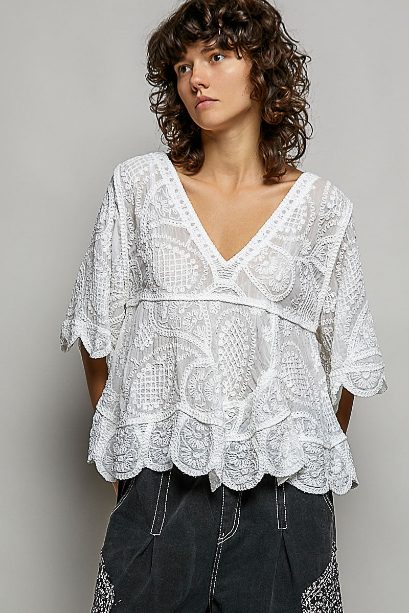 Beautiful Crochet V Neck Blouse - One Size