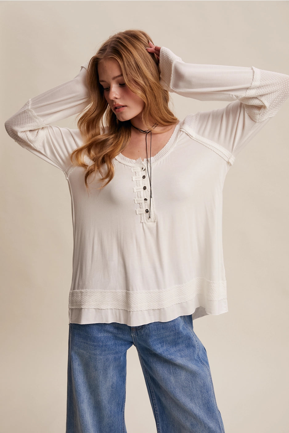 Textured Button Henley Cream