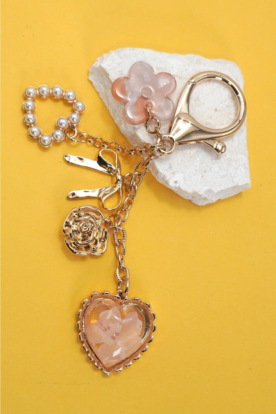 Pearl Heart Layered Bag Charm with Bow and Flower