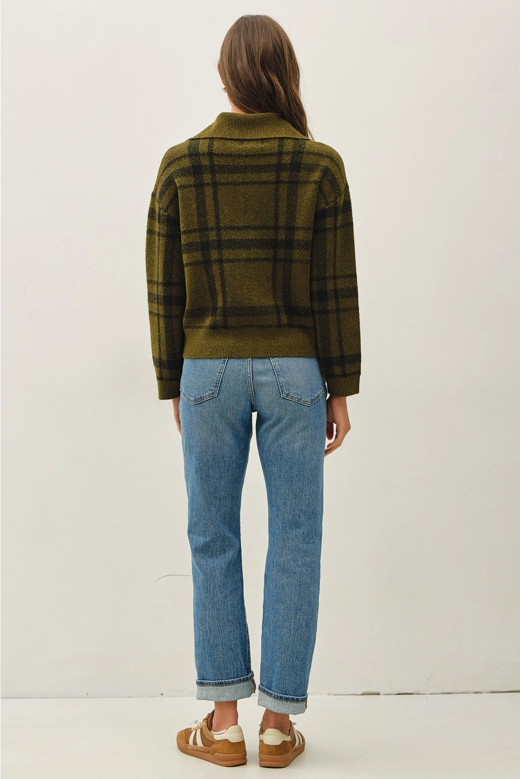 Plaid High Neck Sweater Jacket Olive