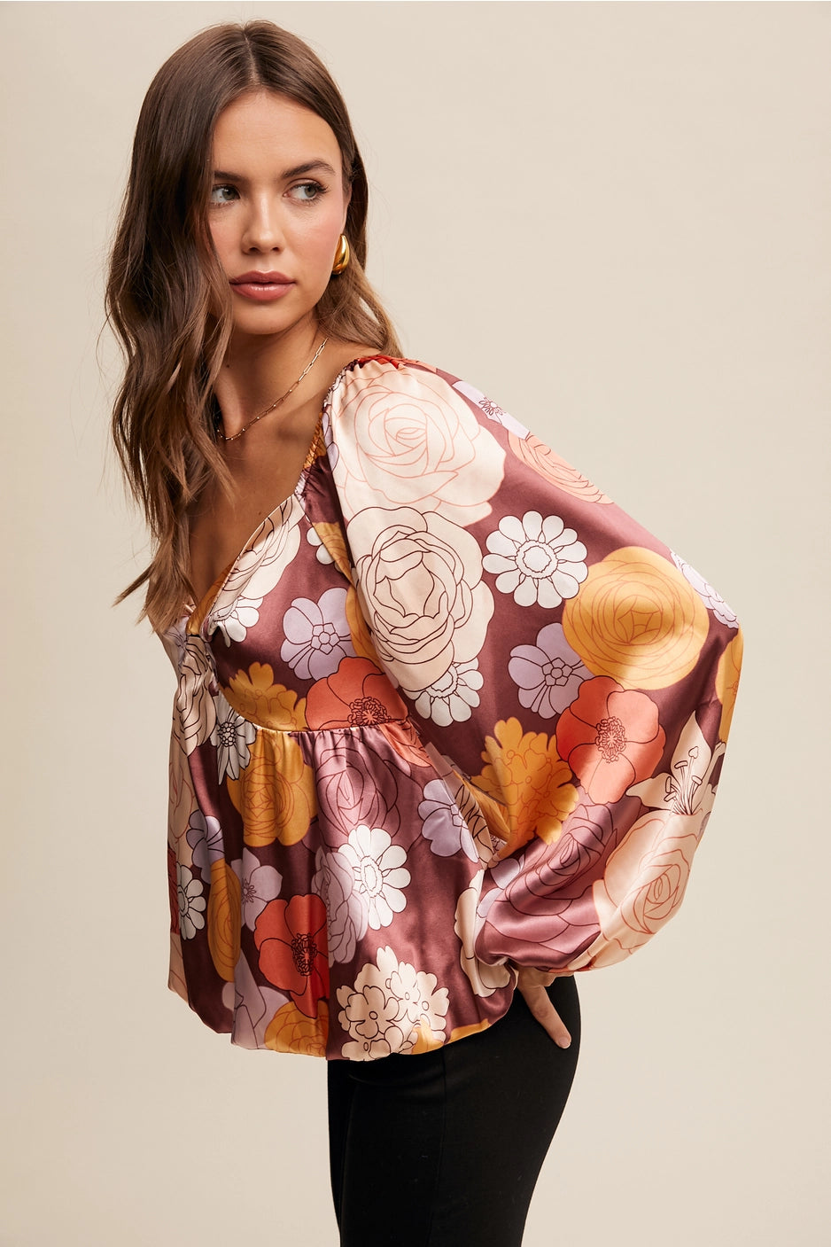 Floral Satin Blouse with Balloon Sleeve