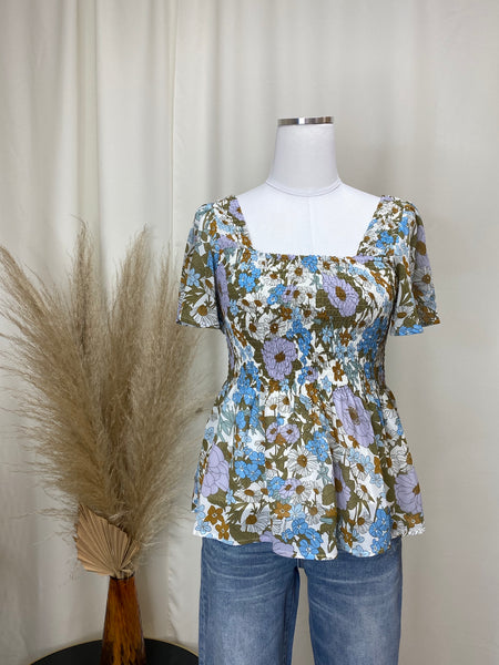 Olive Peasant Top with Ditzy Floral Print