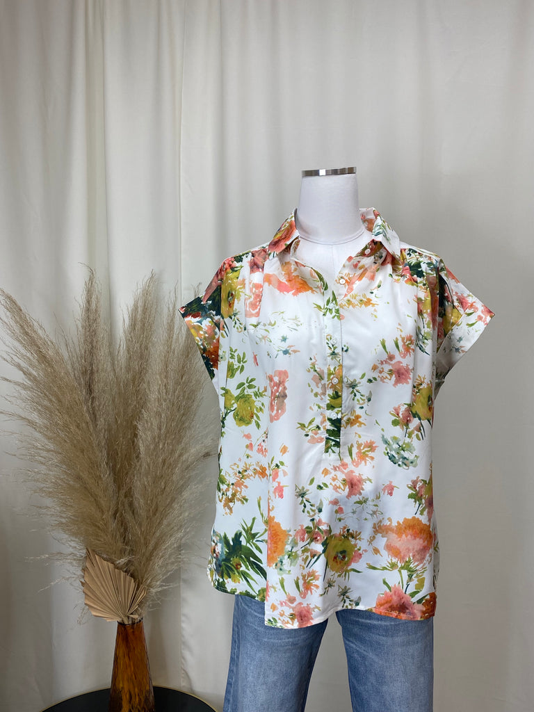 Button Front Spring Floral Blouse