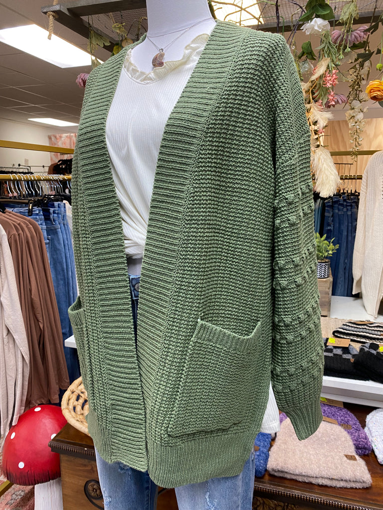 Olive Cardi with Textured Sleeve