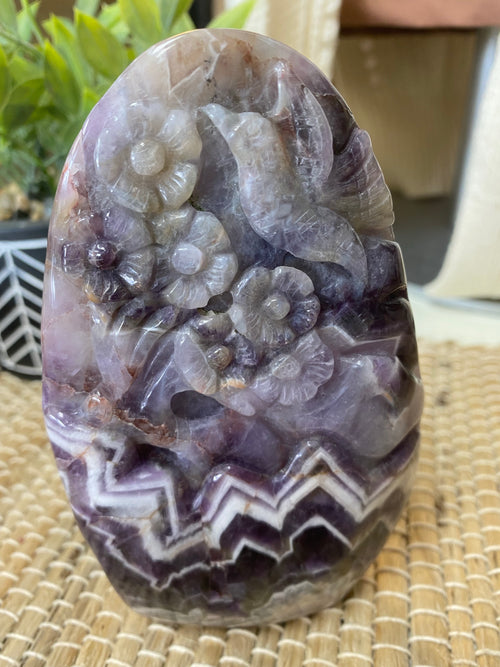 Humming Bird and Flower Carved in Chevron Amethyst