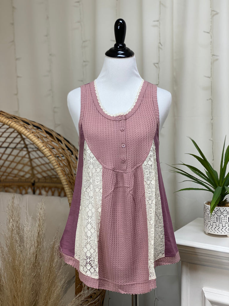 Waffle Knit Lace Panel Tank