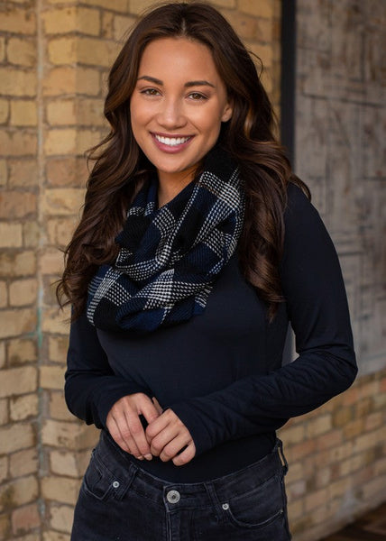 No End In Sight Plaid Infinity Scarf- Black & Navy
