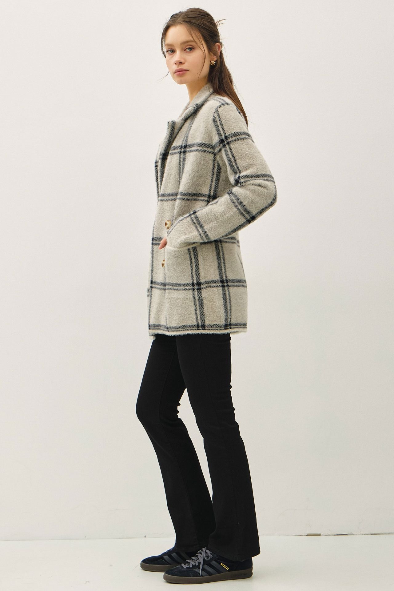 Fuzzy Soft Plaid Jacket Grey
