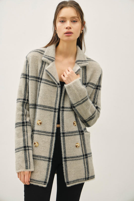 Fuzzy Soft Plaid Jacket Grey