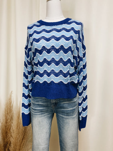 Blue Wavy Knit Sweater