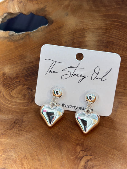 Heart Drop Earrings - Silver or Gold