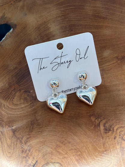 Heart Drop Earrings - Silver or Gold