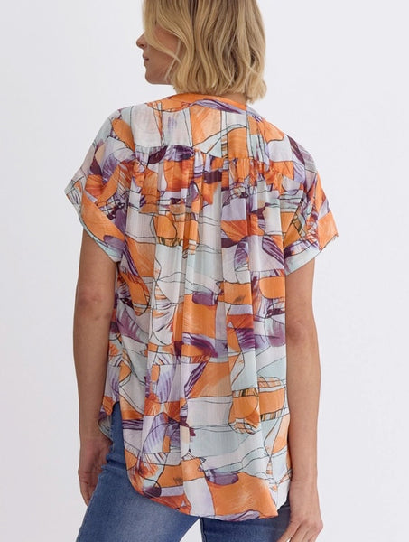 Abstract Sunset Button Down Top