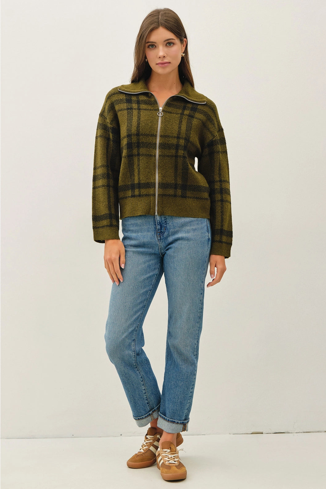 Plaid High Neck Sweater Jacket Olive