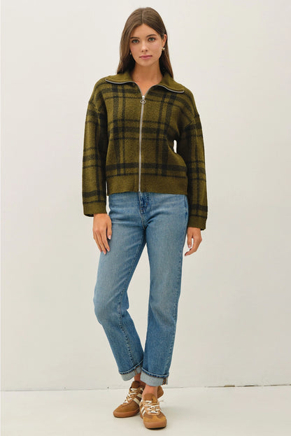 Plaid High Neck Sweater Jacket Olive