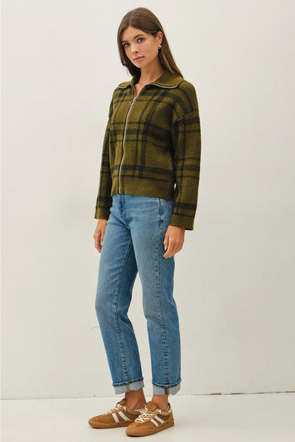 Plaid High Neck Sweater Jacket Olive