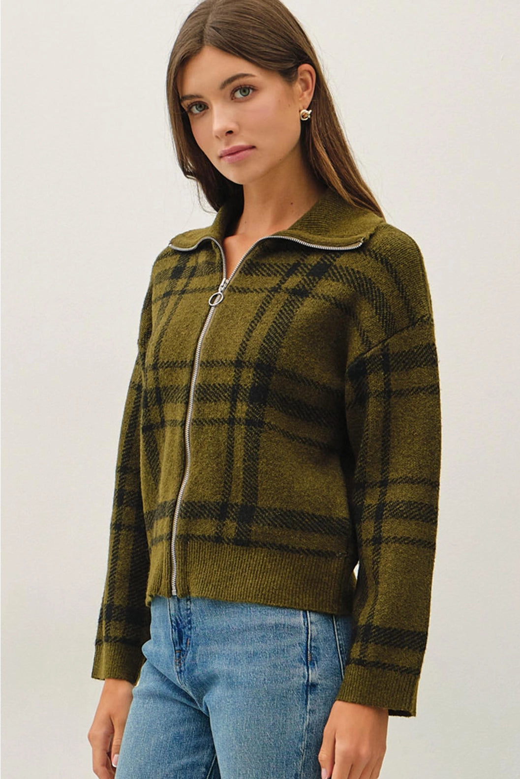 Plaid High Neck Sweater Jacket Olive