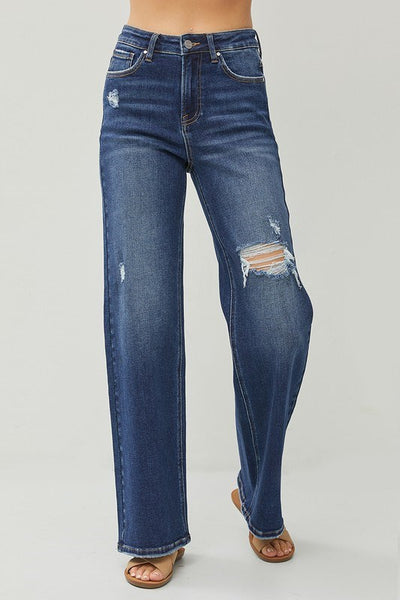 High Rise Distress Wide Leg Jeans