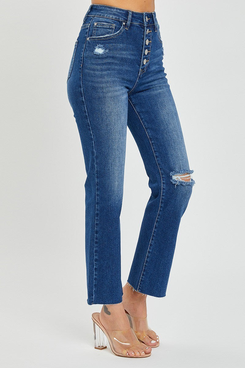 Button Fly High Rise Single Rip Jeans