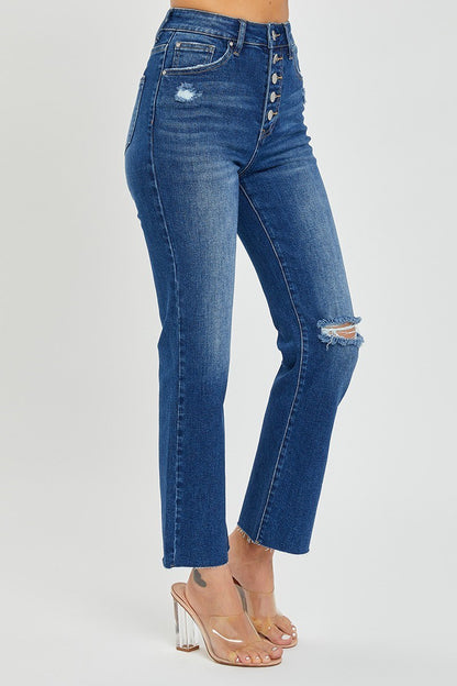 Button Fly High Rise Single Rip Jeans