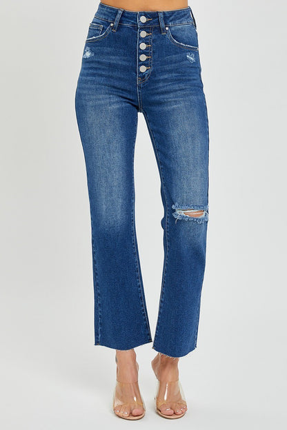 Button Fly High Rise Single Rip Jeans