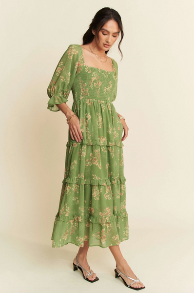 Green Floral Smocked Bodice Dress