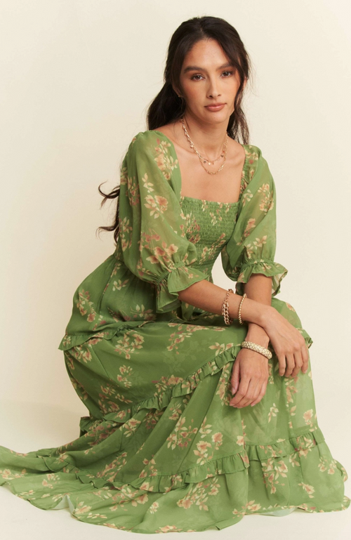 Green Floral Smocked Bodice Dress