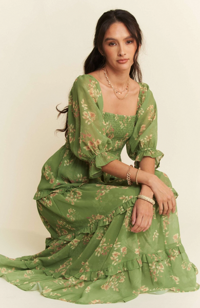 Green Floral Smocked Bodice Dress