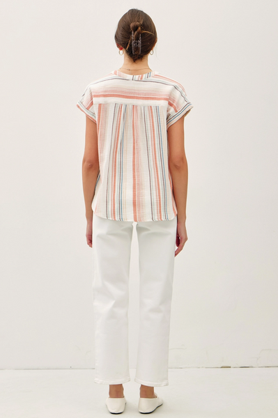 Gauzy Striped Button Up Top