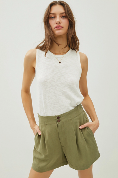 Linen Blend Pleated Shorts Green
