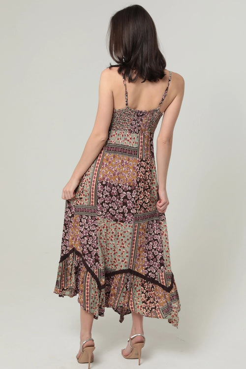 Floral Patchwork Handkerchief Hem Midi Dress