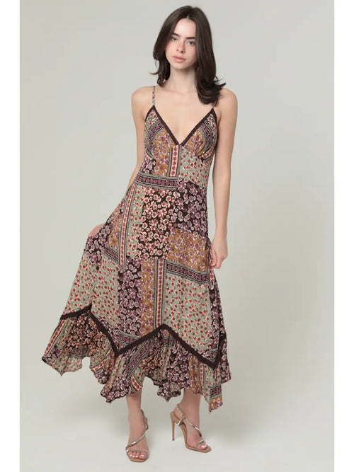 Floral Patchwork Handkerchief Hem Midi Dress