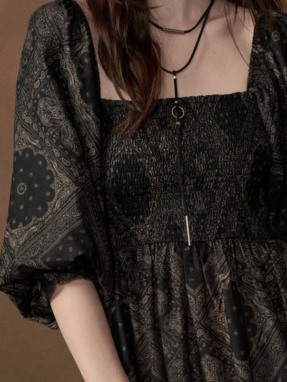 Bandana Smock Neck Puff Sleeve Maxi Dress