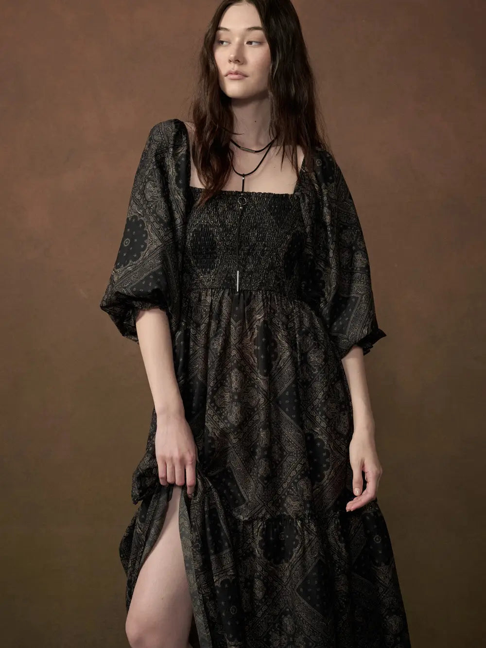 Bandana Smock Neck Puff Sleeve Maxi Dress