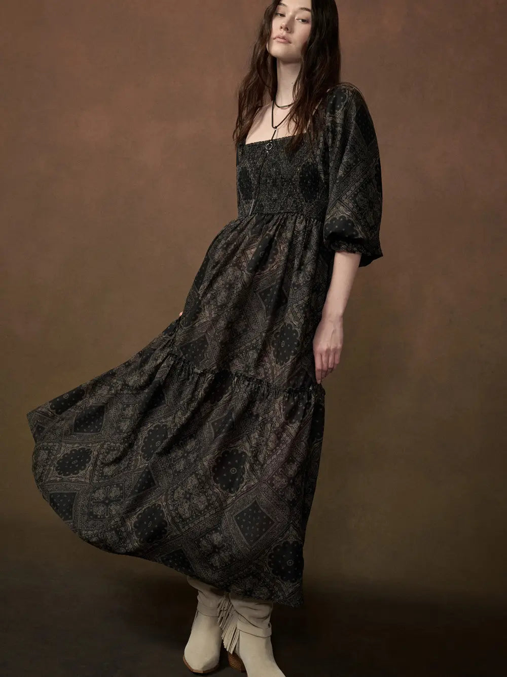 Bandana Smock Neck Puff Sleeve Maxi Dress