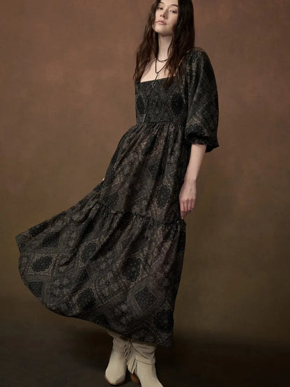 Bandana Smock Neck Puff Sleeve Maxi Dress